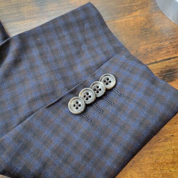 Daniel Hechter Paris 42L Wool Polyester Viscose Navy Blue Plaid Two-Button Front - Picture 8 of 12